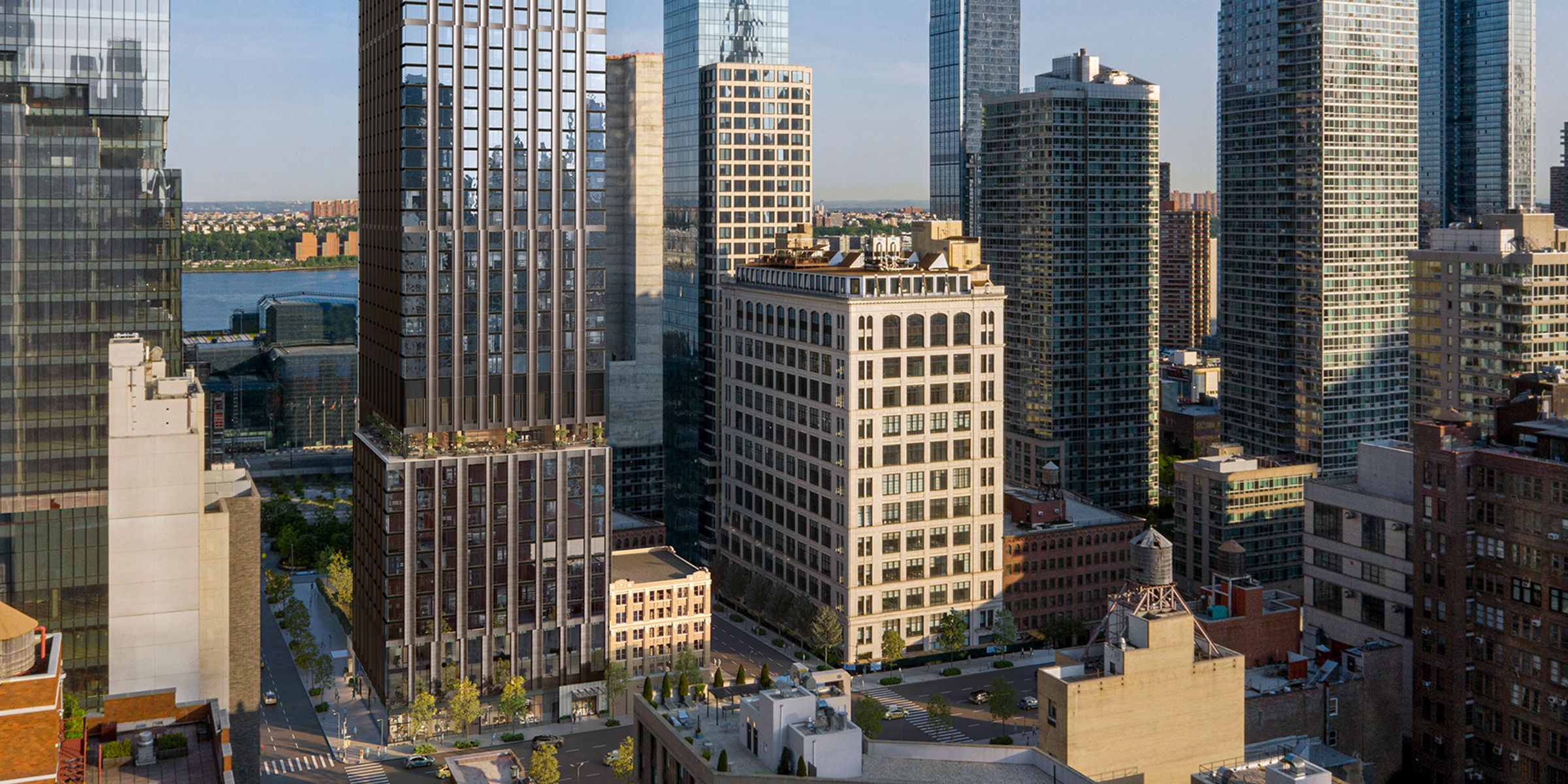 Aerial view of Coterie Hudson Yards and surrounding highrise buildings